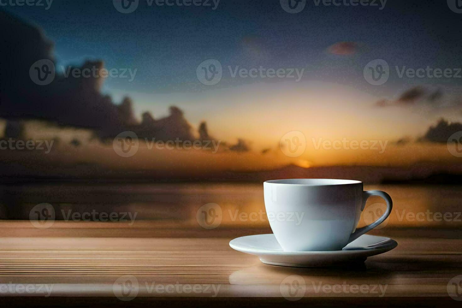 une tasse de café sur une en bois table avec une magnifique le coucher du soleil dans le Contexte. généré par ai photo