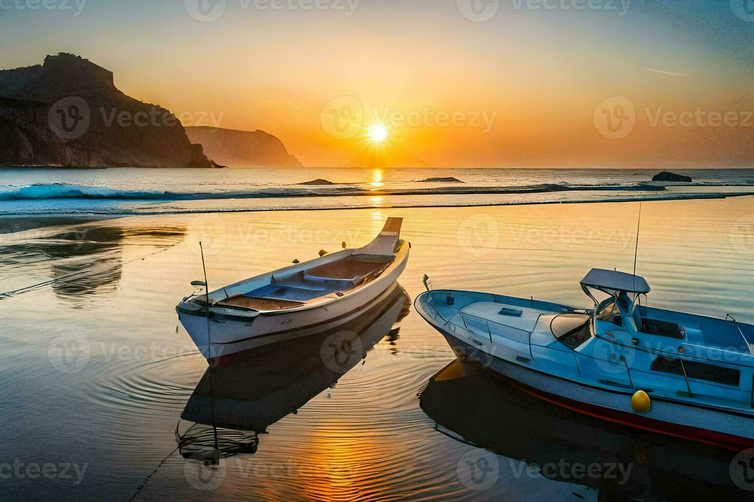 deux bateaux asseoir sur le plage à le coucher du soleil. généré par ai photo