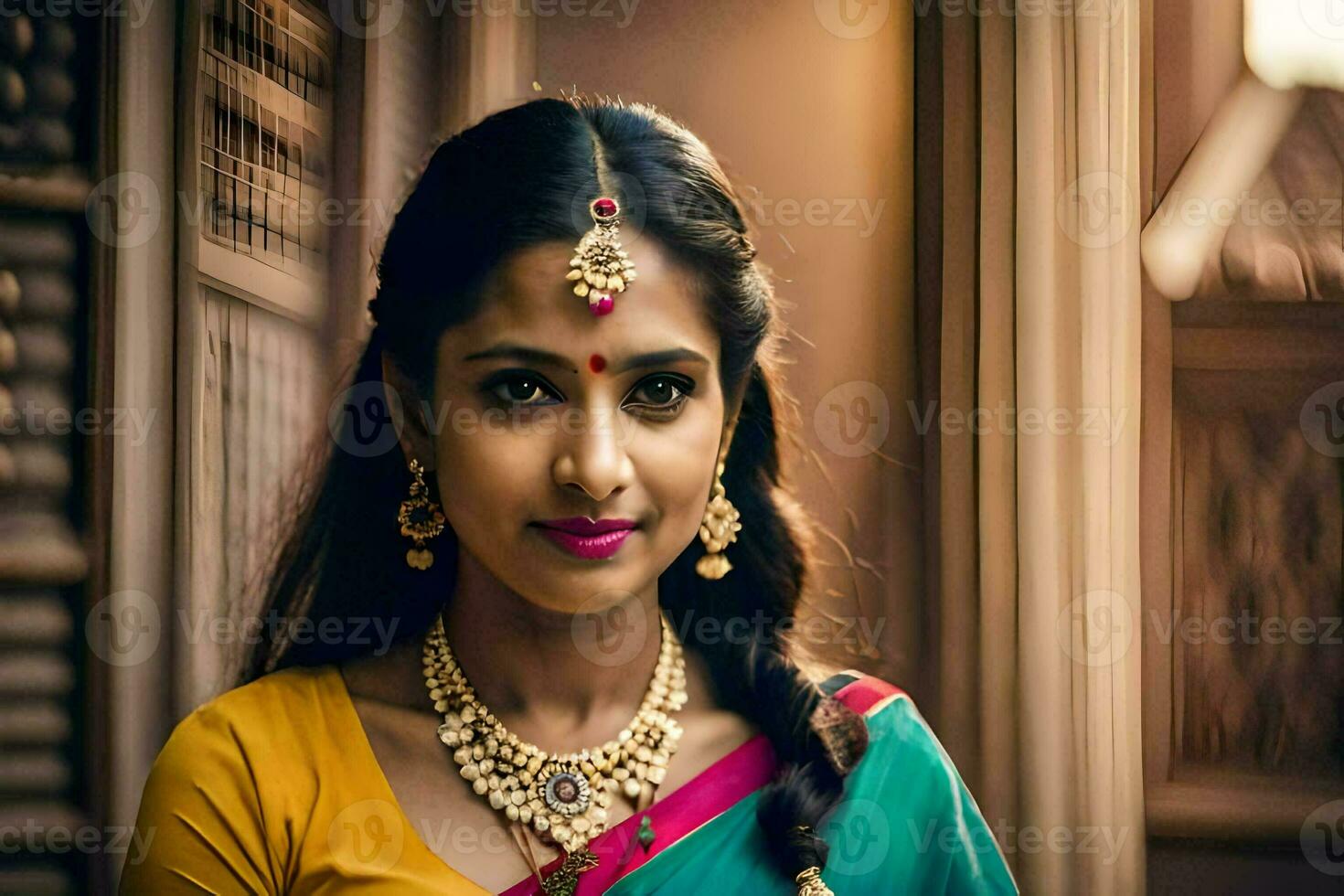 une magnifique femme dans une sari avec bijoux. généré par ai photo