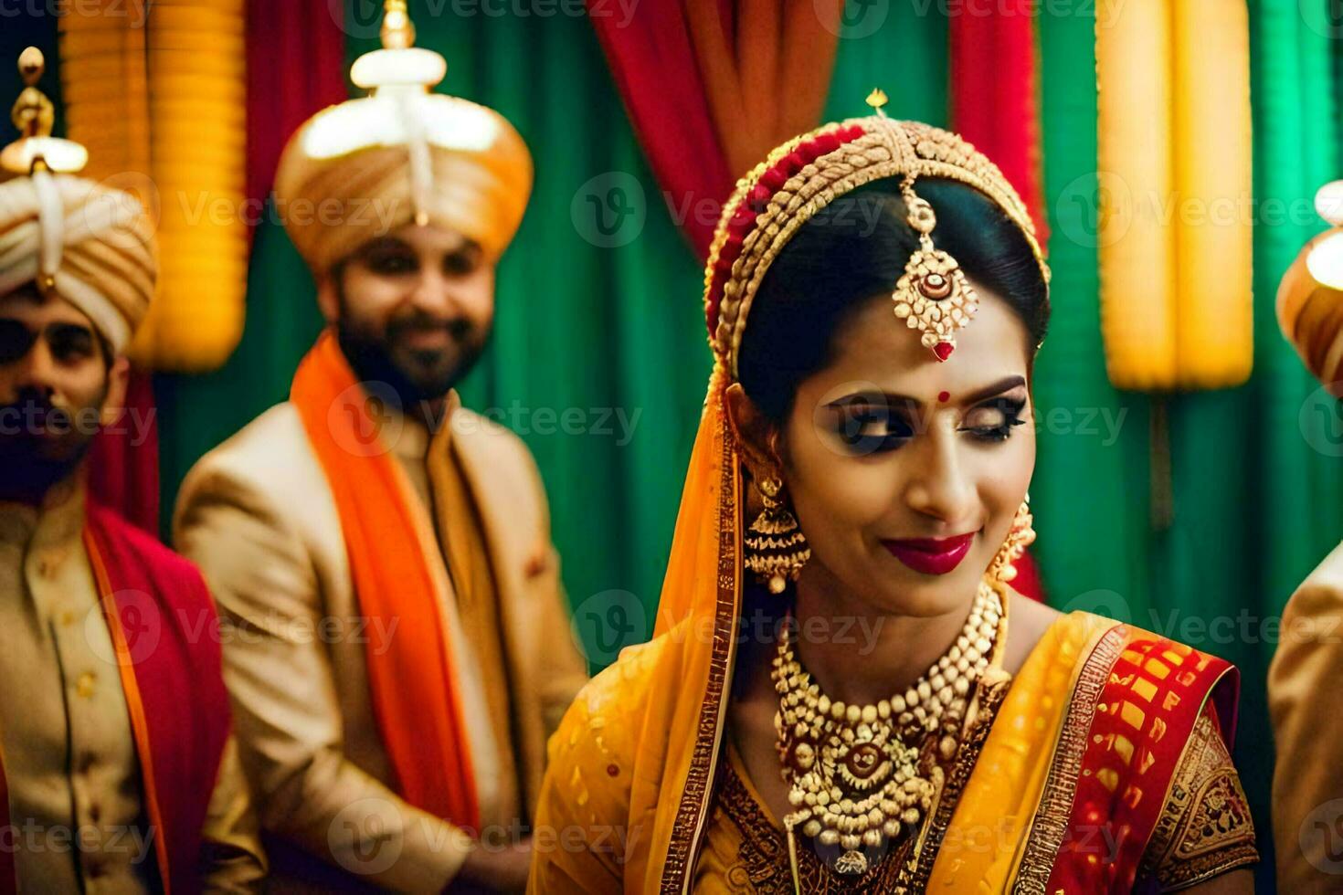 une la mariée dans traditionnel Indien tenue est souriant pour le caméra. généré par ai photo