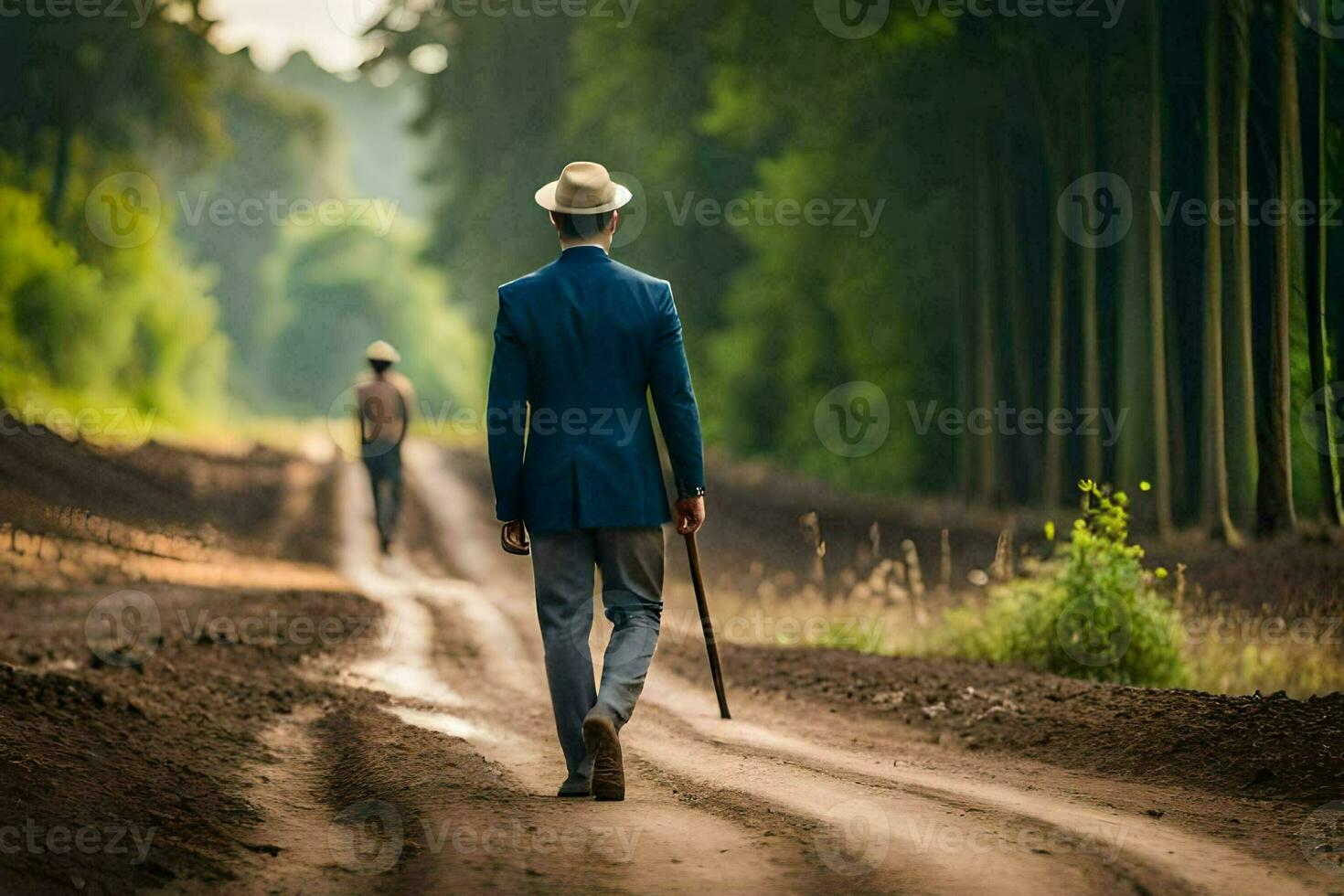 une homme dans une costume et chapeau en marchant vers le bas une saleté route. généré par ai photo