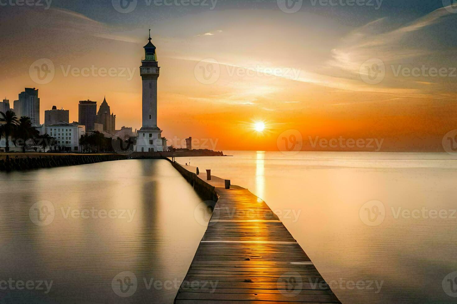 le Soleil ensembles plus de une ville horizon et une phare. généré par ai photo