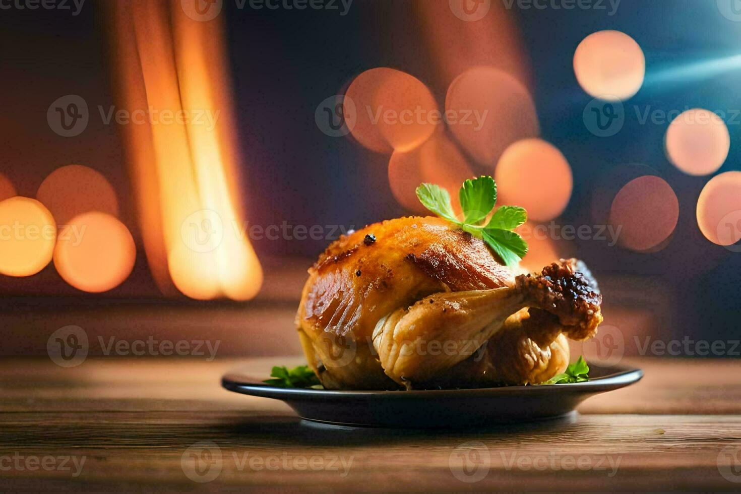 une rôti poulet sur une assiette avec une Feu dans le Contexte. généré par ai photo