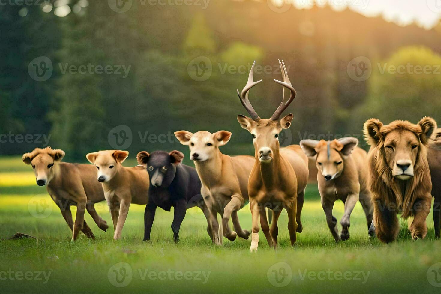 une troupeau de cerf fonctionnement dans le herbe. généré par ai photo