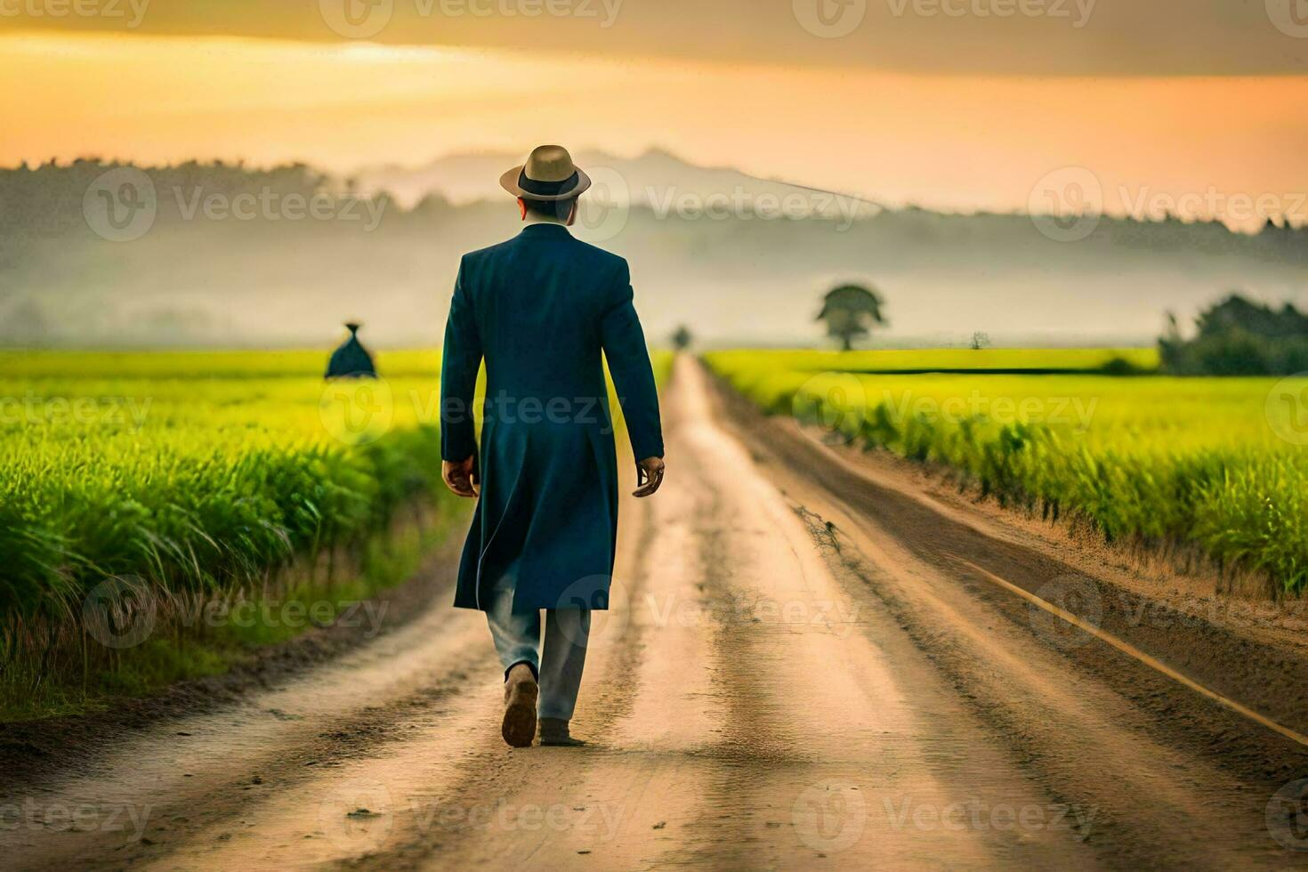 une homme dans une costume des promenades vers le bas une saleté route. généré par ai photo