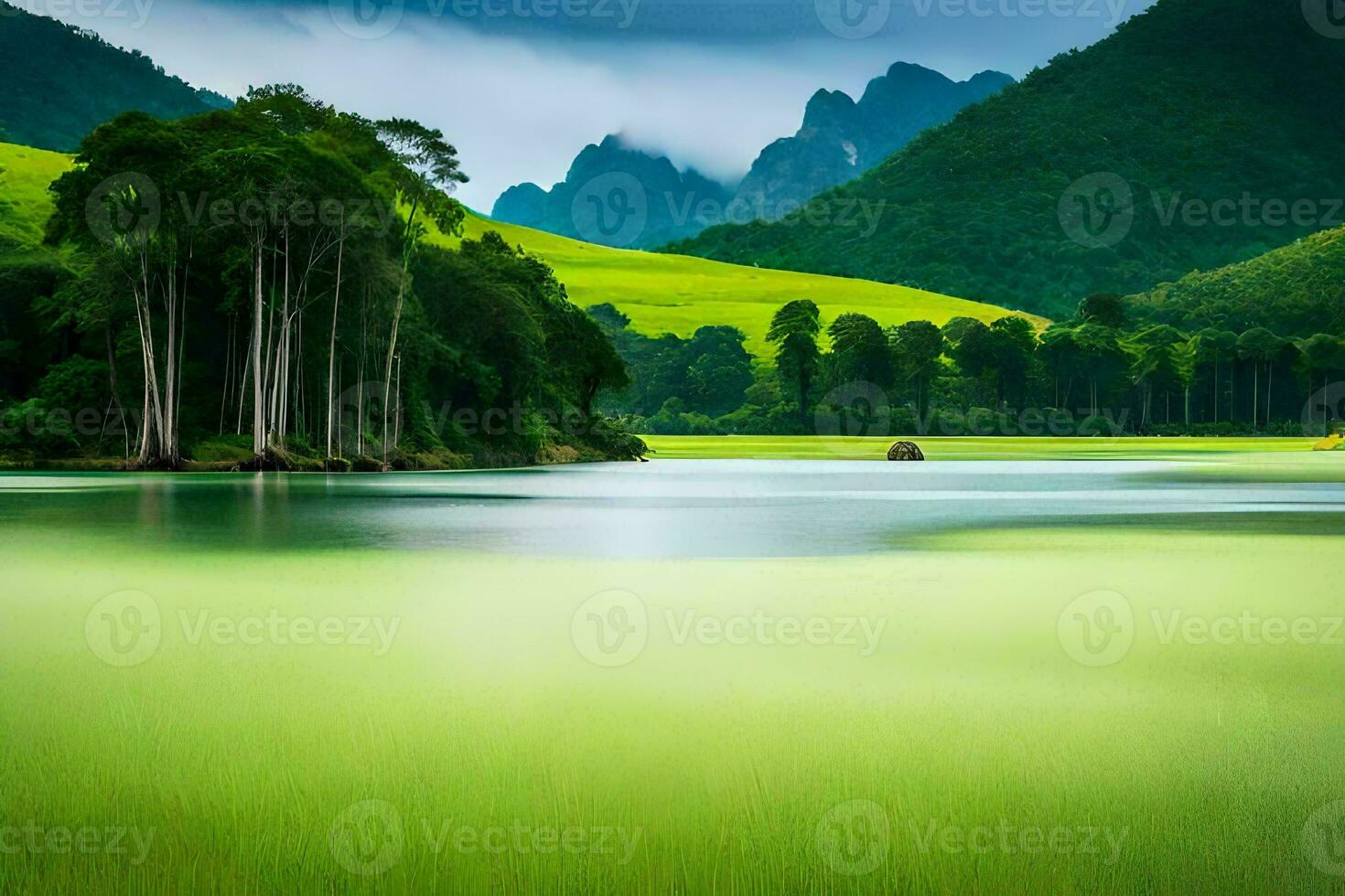 une vert Lac entouré par des arbres et montagnes. généré par ai photo