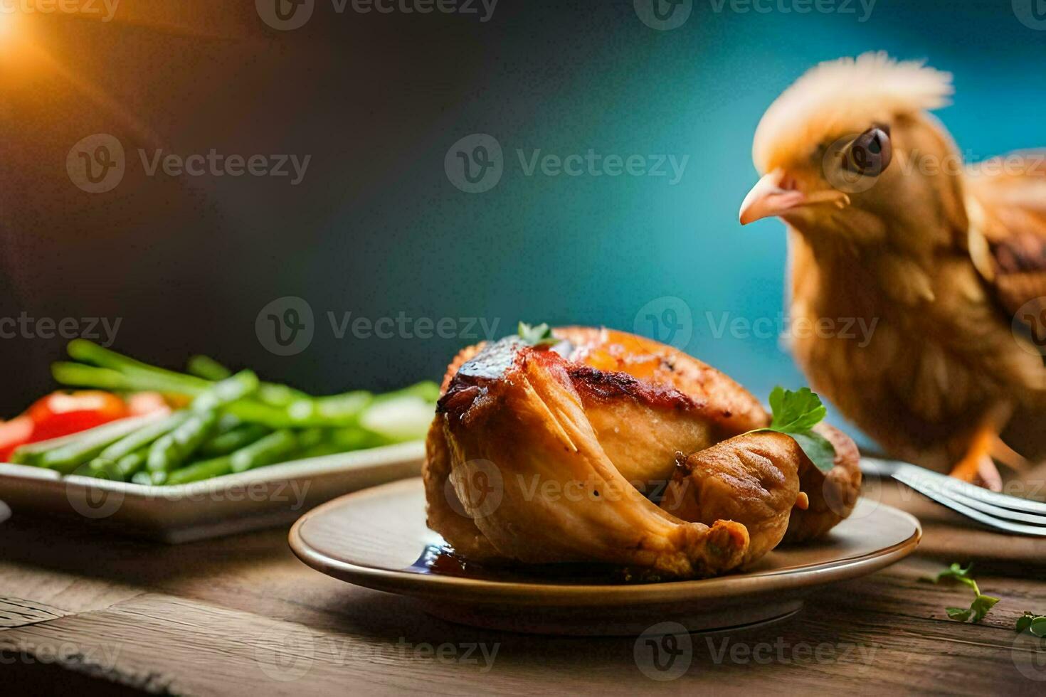 une poulet est séance sur une assiette avec des légumes. généré par ai photo