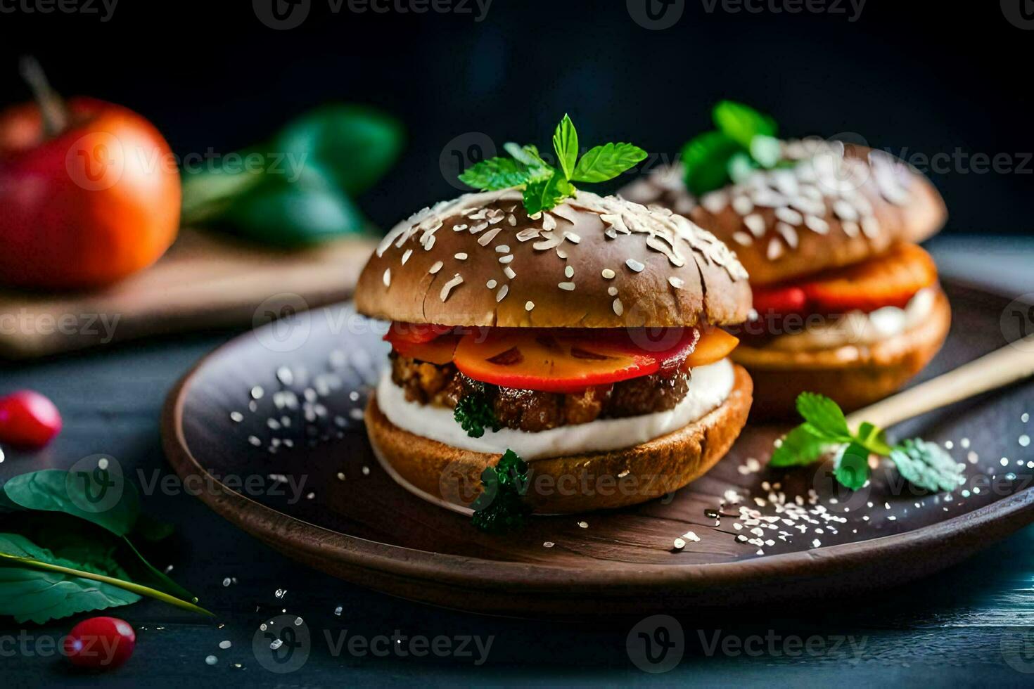 deux hamburgers avec pommes et sésame graines. généré par ai photo