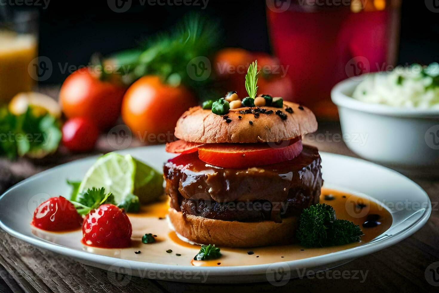 une Hamburger avec tomate, salade et sauce sur une plaque. généré par ai photo