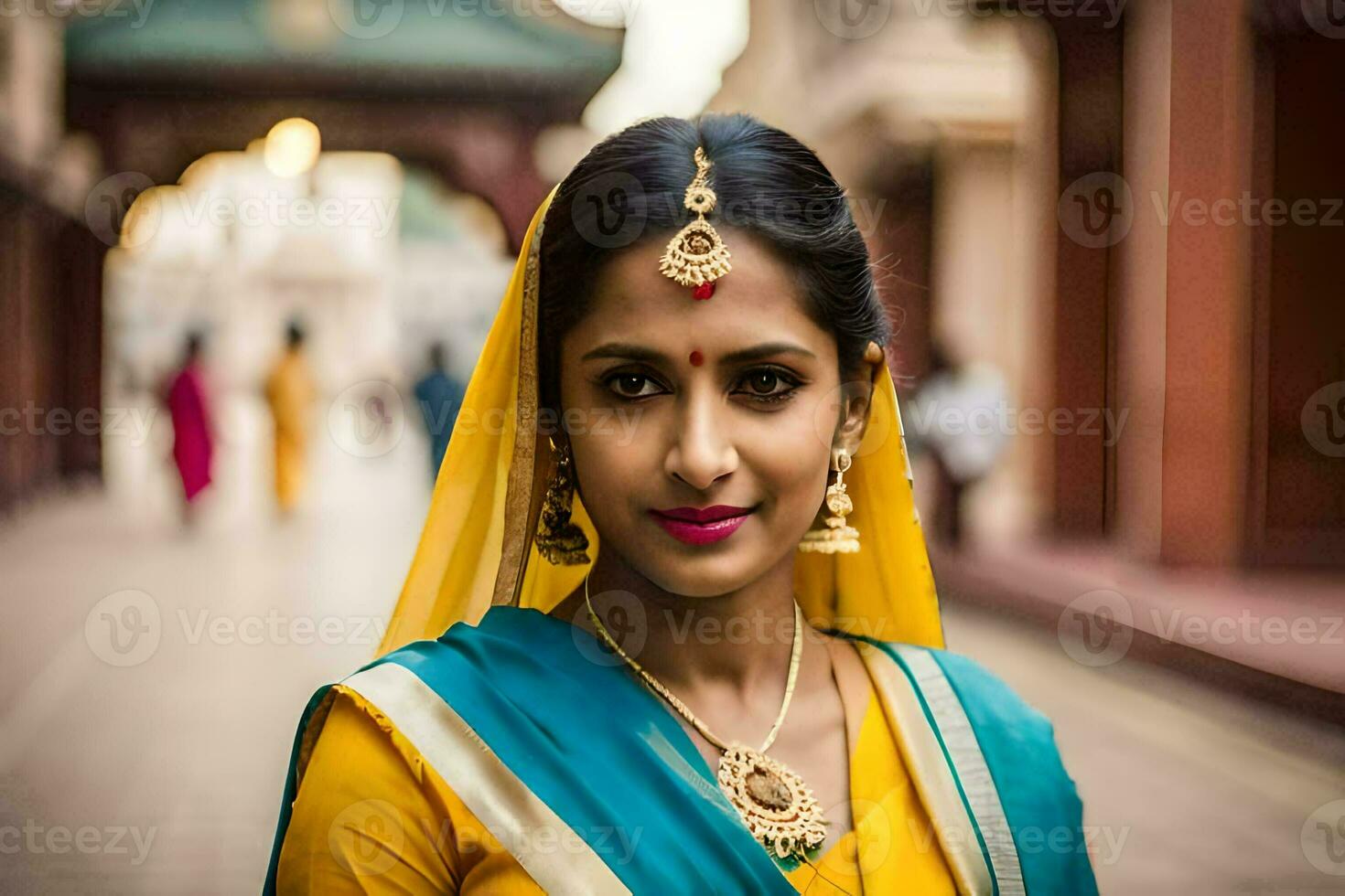 une femme dans une traditionnel sari pose pour une photo. généré par ai photo