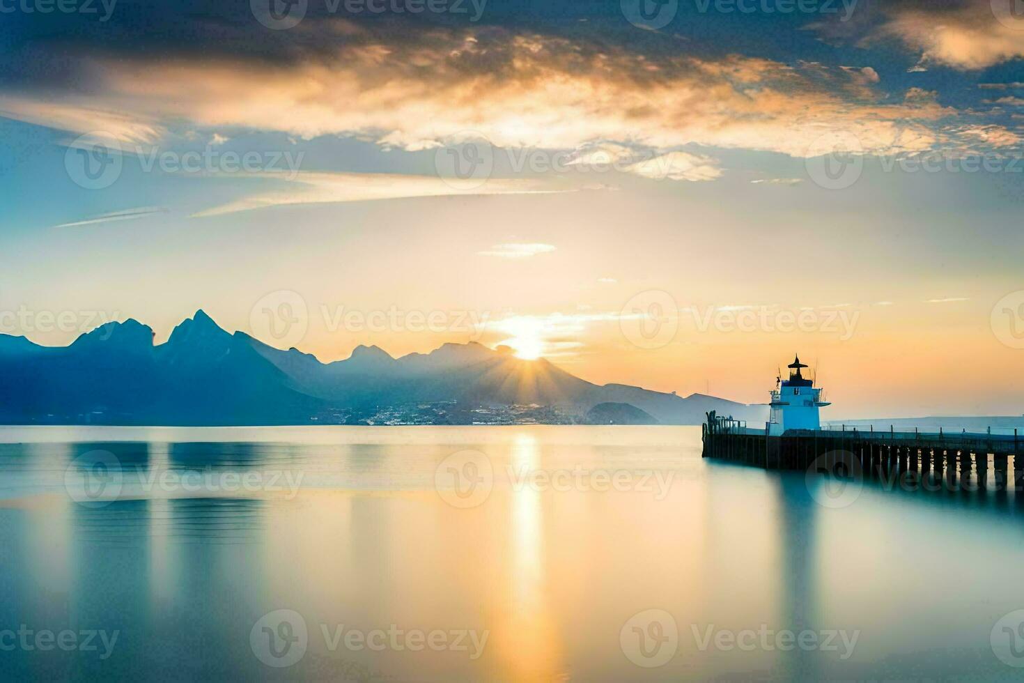 une phare des stands sur le l'eau à le coucher du soleil. généré par ai photo