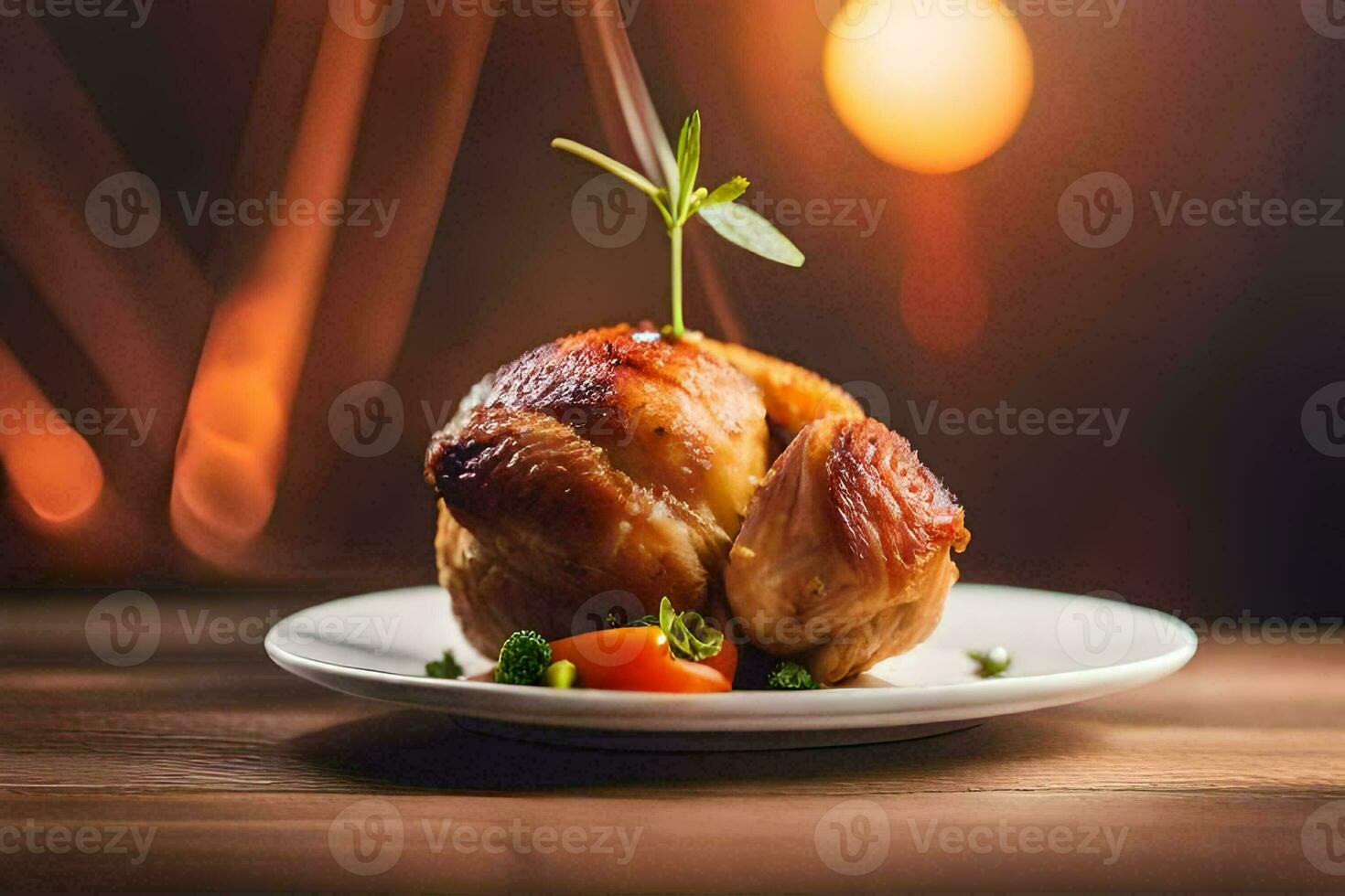 une poulet sur une assiette avec une vert feuille. généré par ai photo