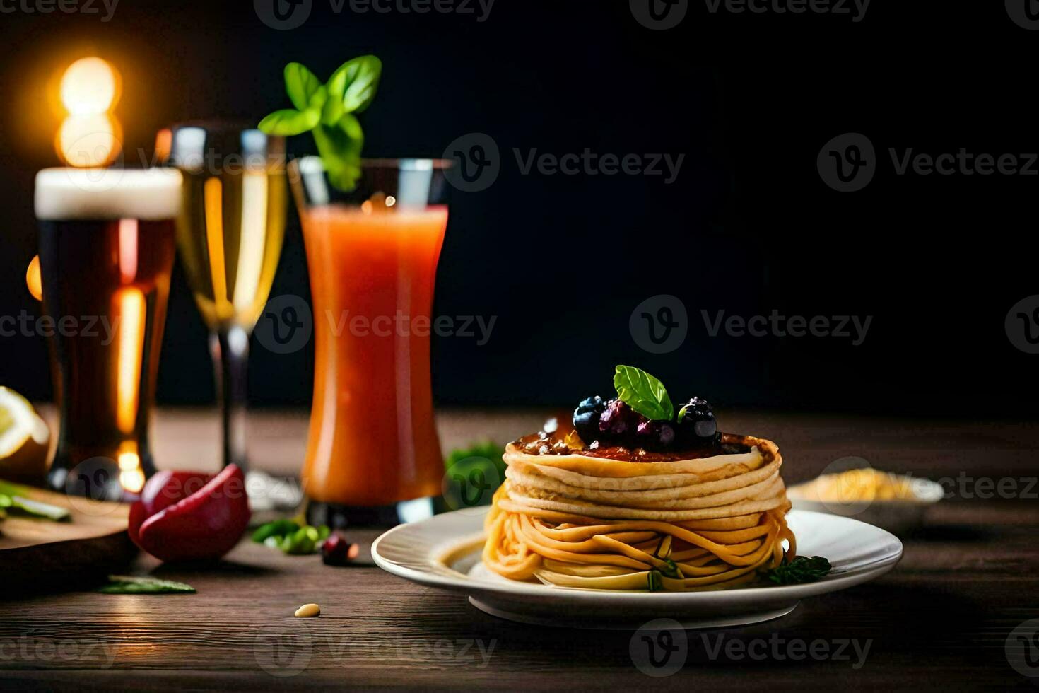 une assiette de spaghetti avec une boisson et une verre de jus. généré par ai photo