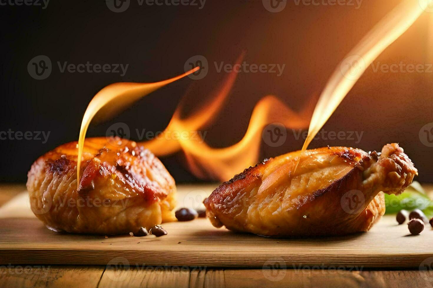 deux pièces de poulet sur une en bois Coupe planche avec flammes. généré par ai photo