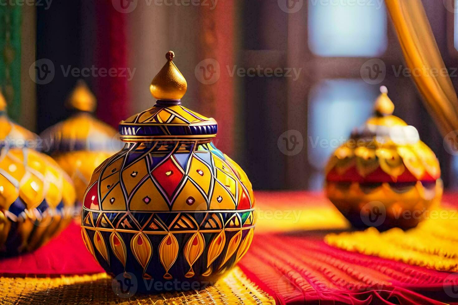 coloré des vases sur une rouge nappe de table. généré par ai photo