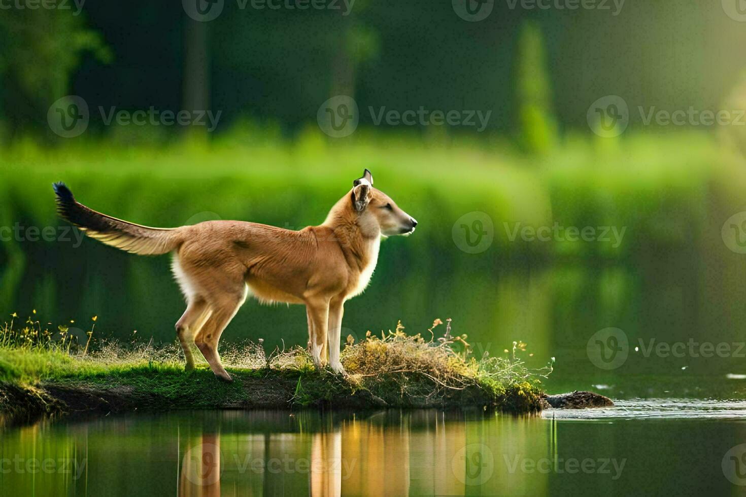 une chien permanent sur une Roche par une lac. généré par ai photo