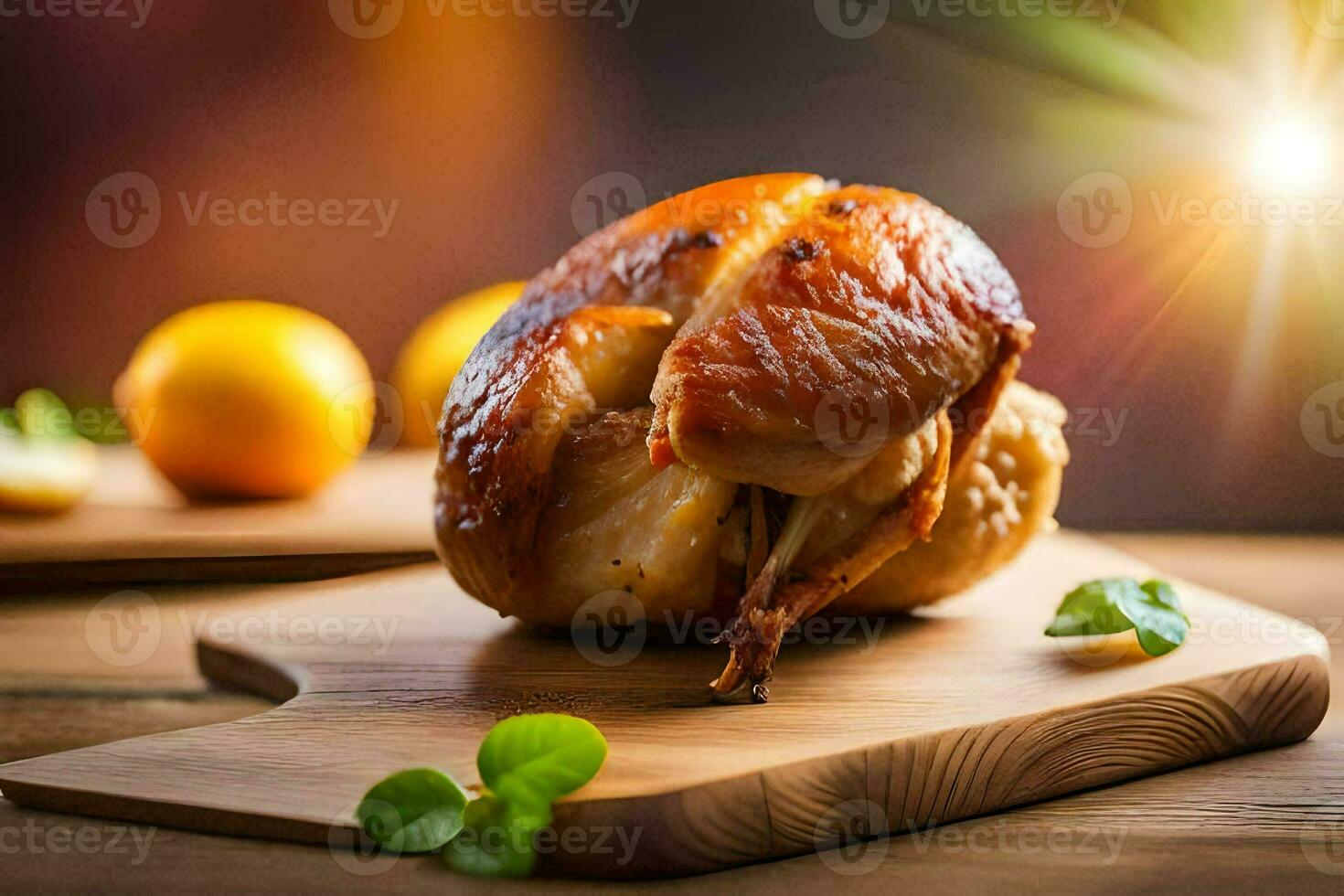 rôti poulet sur une en bois Coupe planche avec citron tranches. généré par ai photo