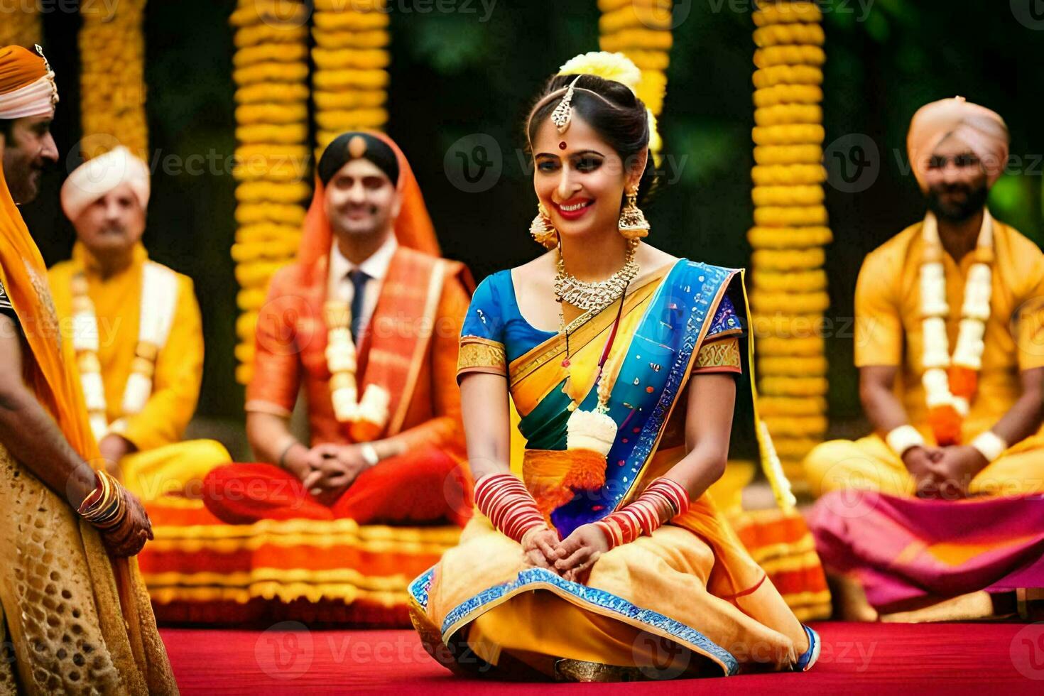 une la mariée dans traditionnel Indien tenue est assis sur le sol avec sa jeune marié. généré par ai photo