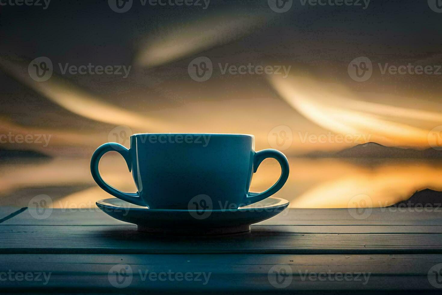 une tasse de café sur une table avec une vue de le océan. généré par ai photo