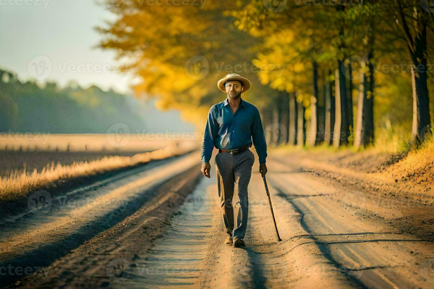 une homme en marchant vers le bas une saleté route avec une canne. généré par ai photo