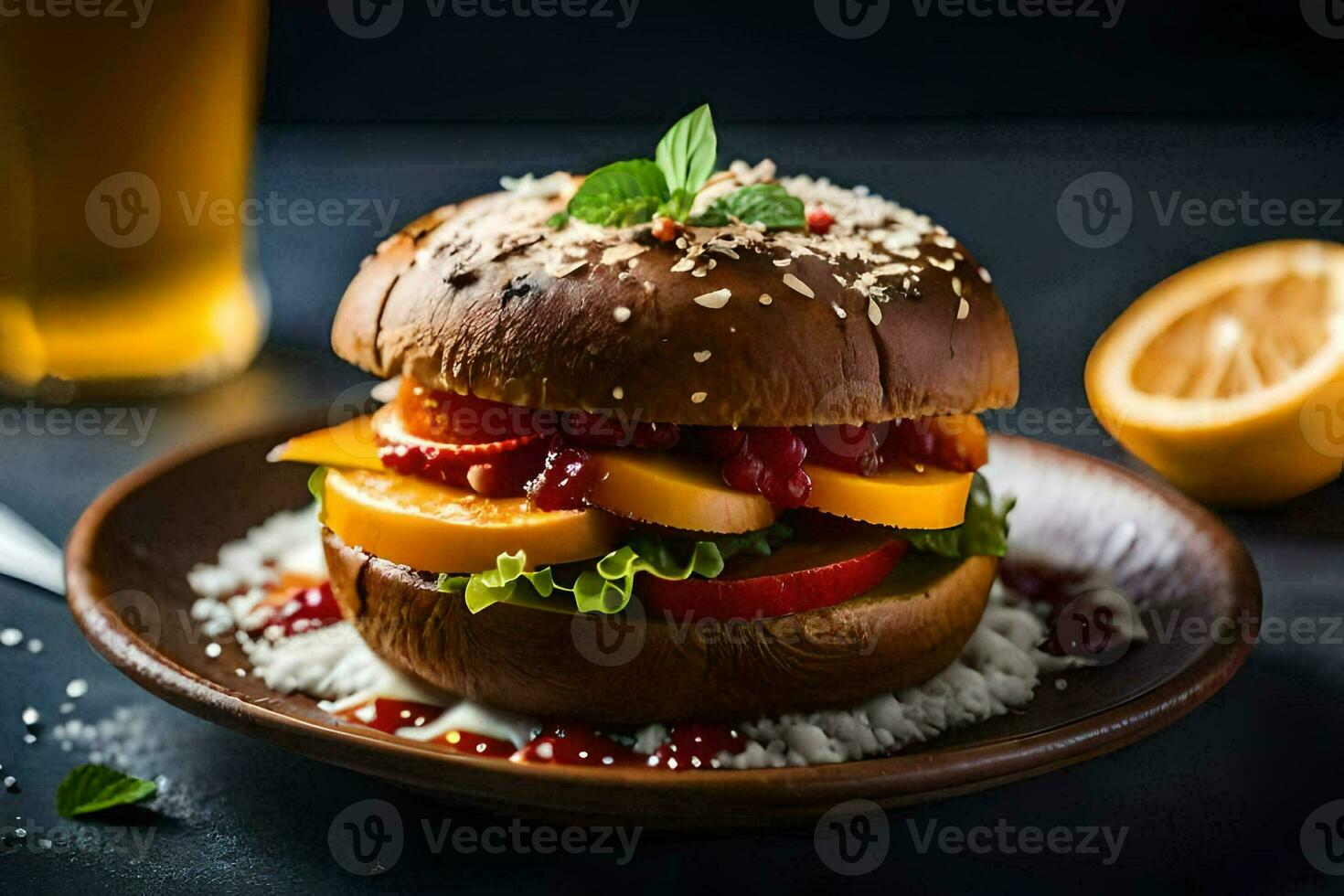 une Hamburger avec des légumes et une verre de bière. généré par ai photo