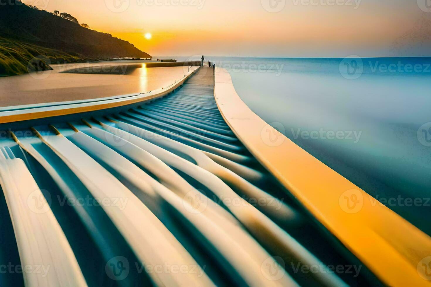 une longue exposition photographier de une voie navigable à le coucher du soleil. généré par ai photo