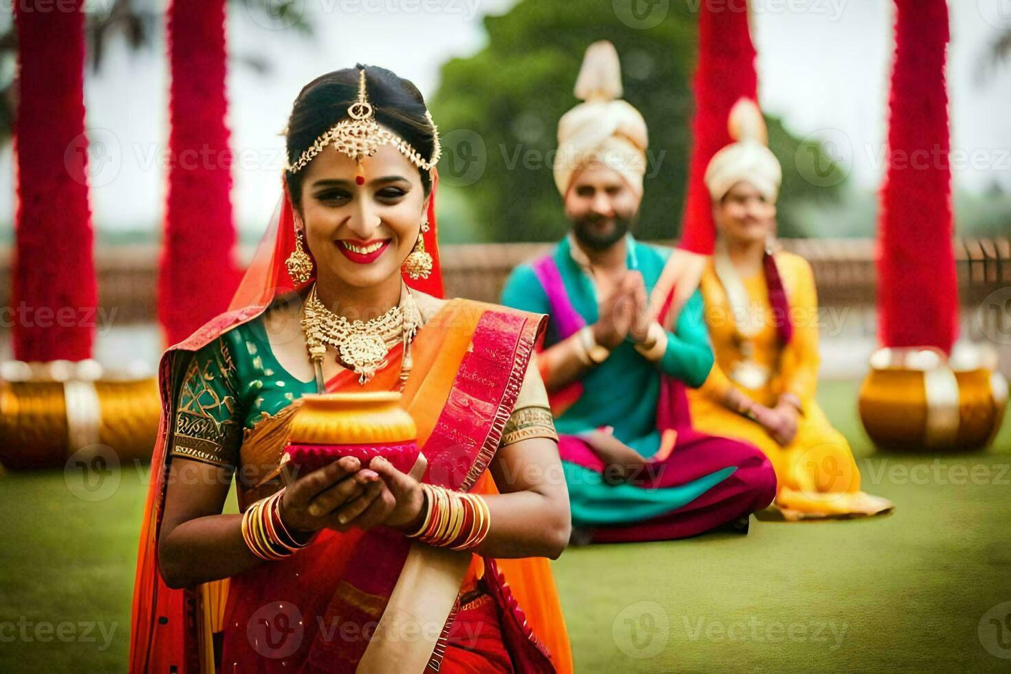 une magnifique Indien la mariée est en portant une pot de aliments. généré par ai photo