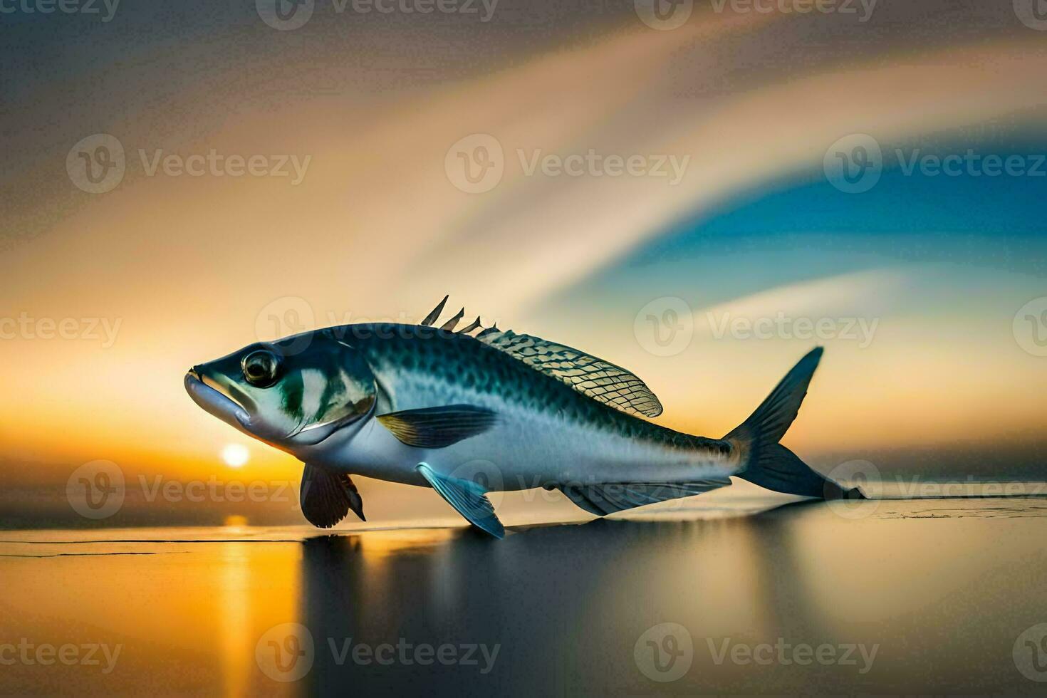 une poisson est silhouette contre le le coucher du soleil. généré par ai photo