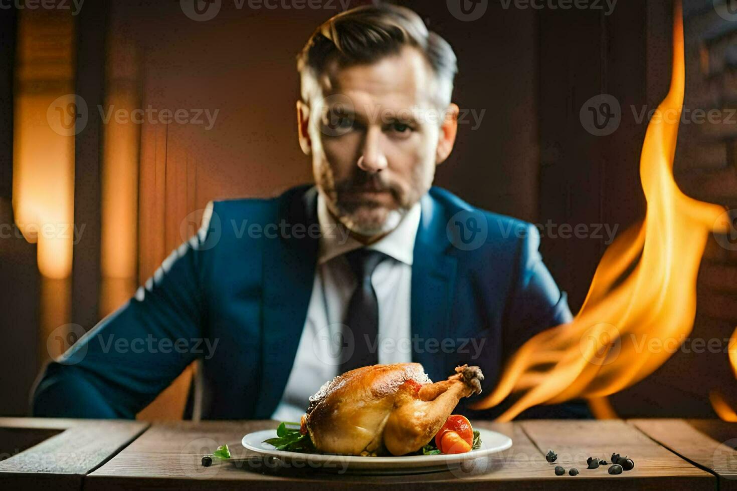 une homme dans une costume est séance à une table avec une poulet sur il. généré par ai photo