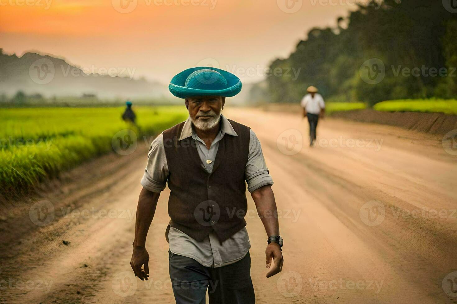 un vieux homme portant une bleu chapeau des promenades vers le bas une saleté route. généré par ai photo