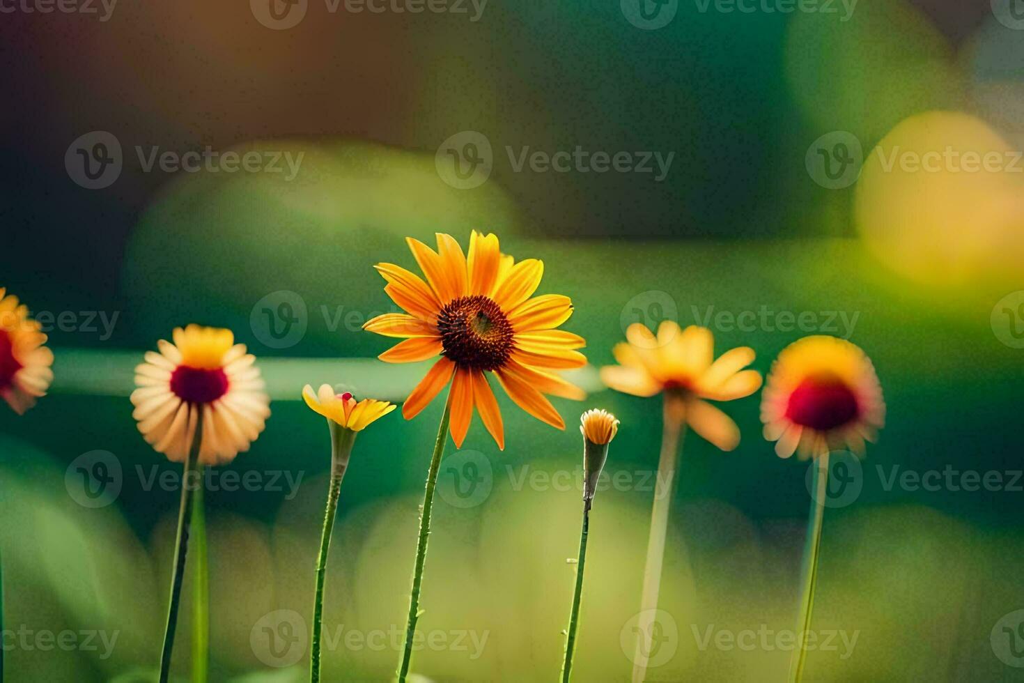 Jaune fleurs dans le herbe avec une floue Contexte. généré par ai photo