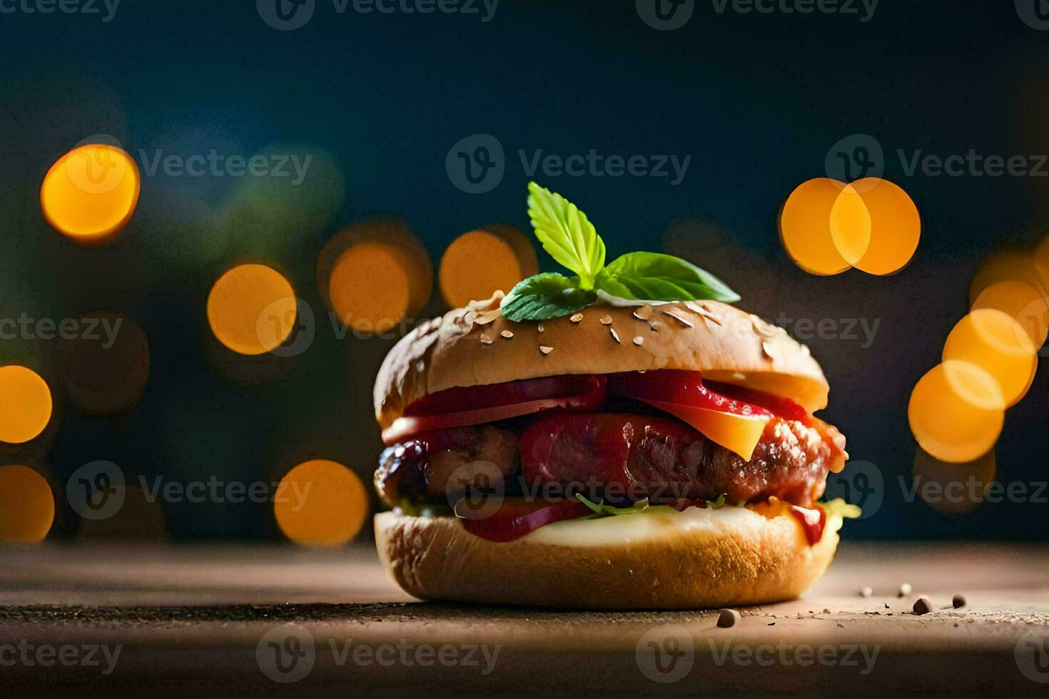 une Hamburger avec ketchup et fromage sur une en bois tableau. généré par ai photo