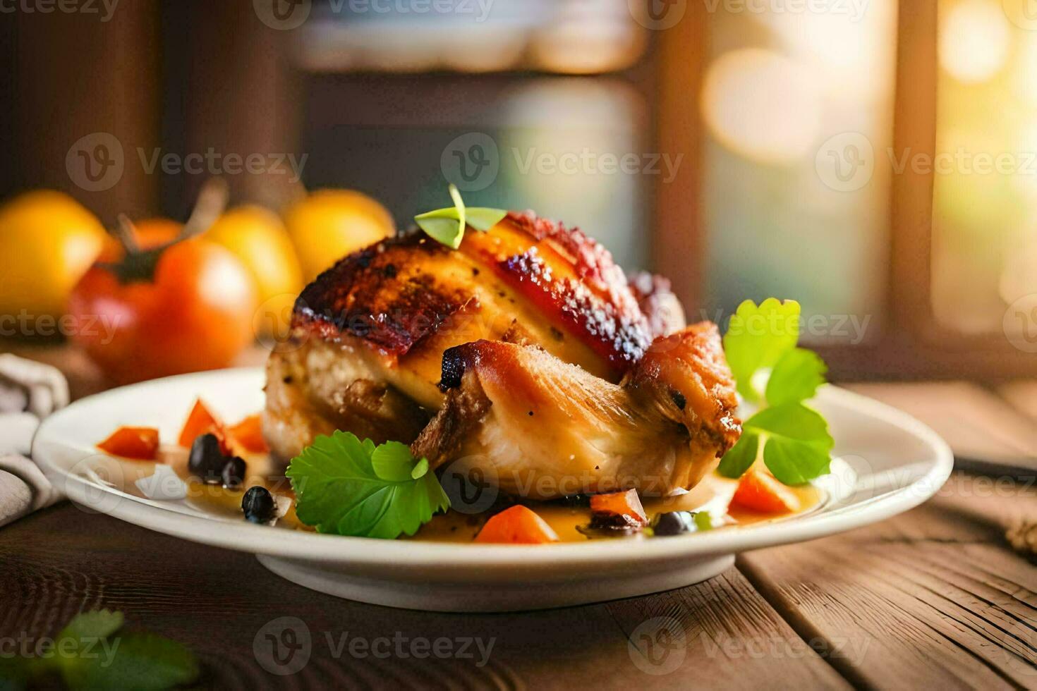 une poulet sur une assiette avec des légumes et tomates. généré par ai photo