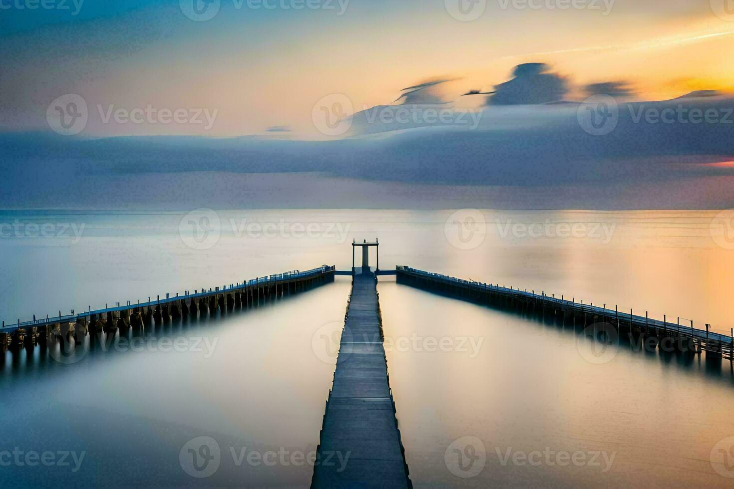 longue exposition photographier de une jetée à le coucher du soleil. généré par ai photo