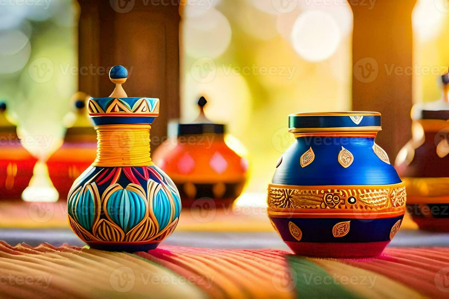 coloré des vases sur une table avec une brillant Contexte. généré par ai photo