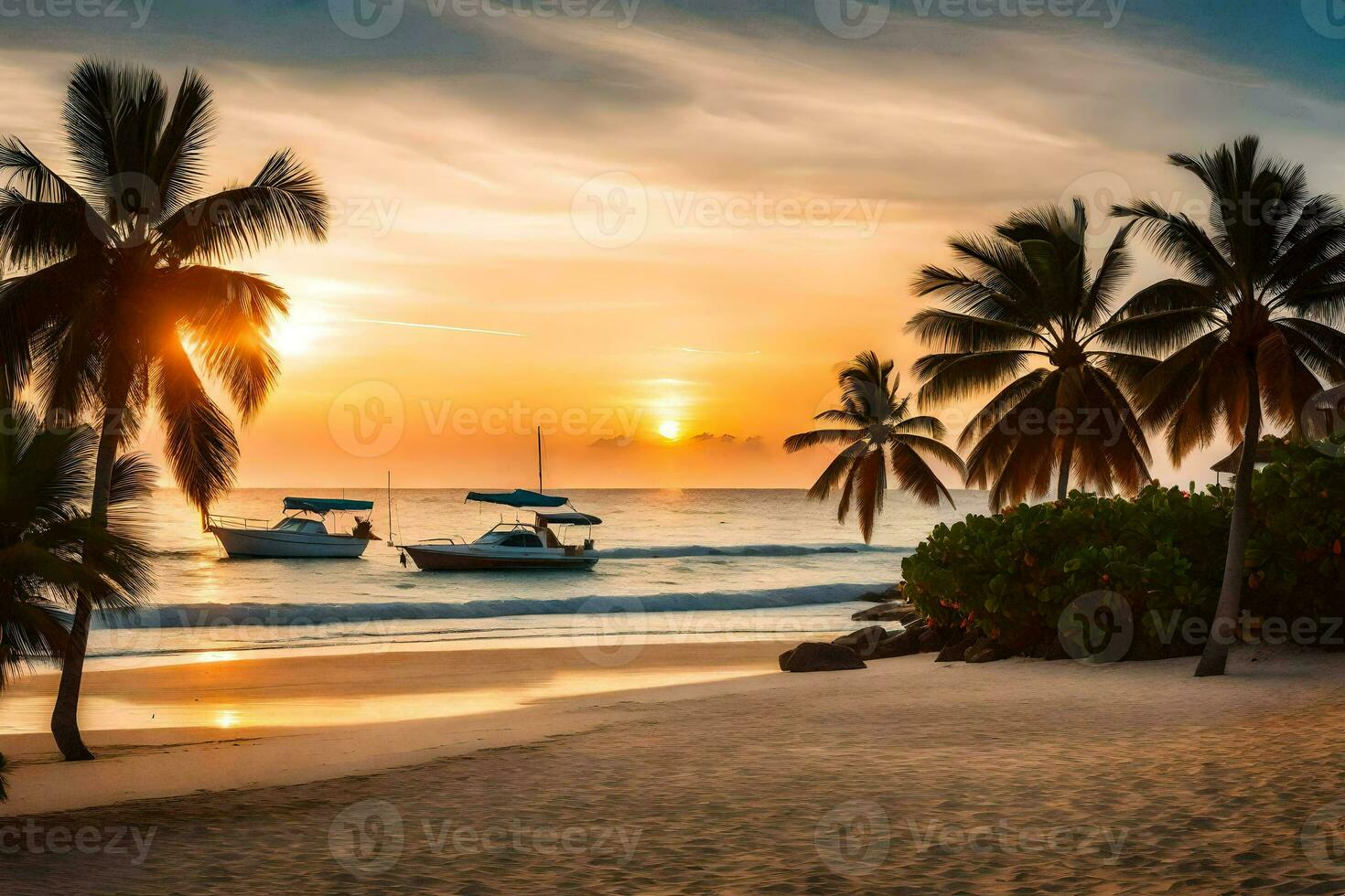 le Soleil ensembles sur le plage dans dominique. généré par ai photo