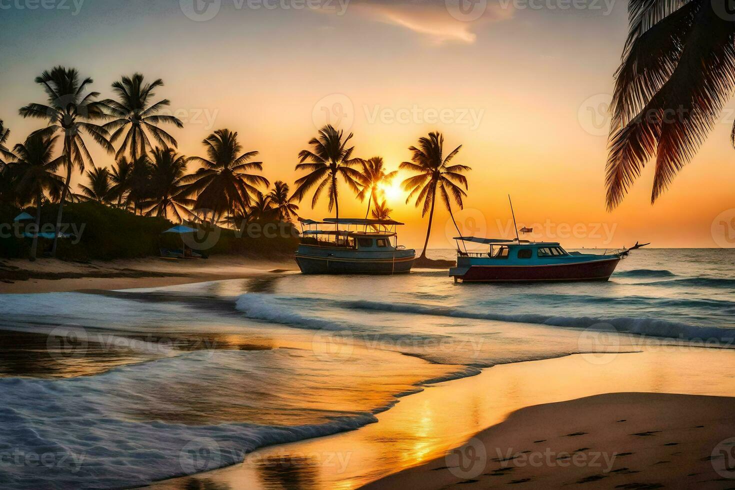 le Soleil ensembles sur le plage et bateaux sont dans le l'eau. généré par ai photo