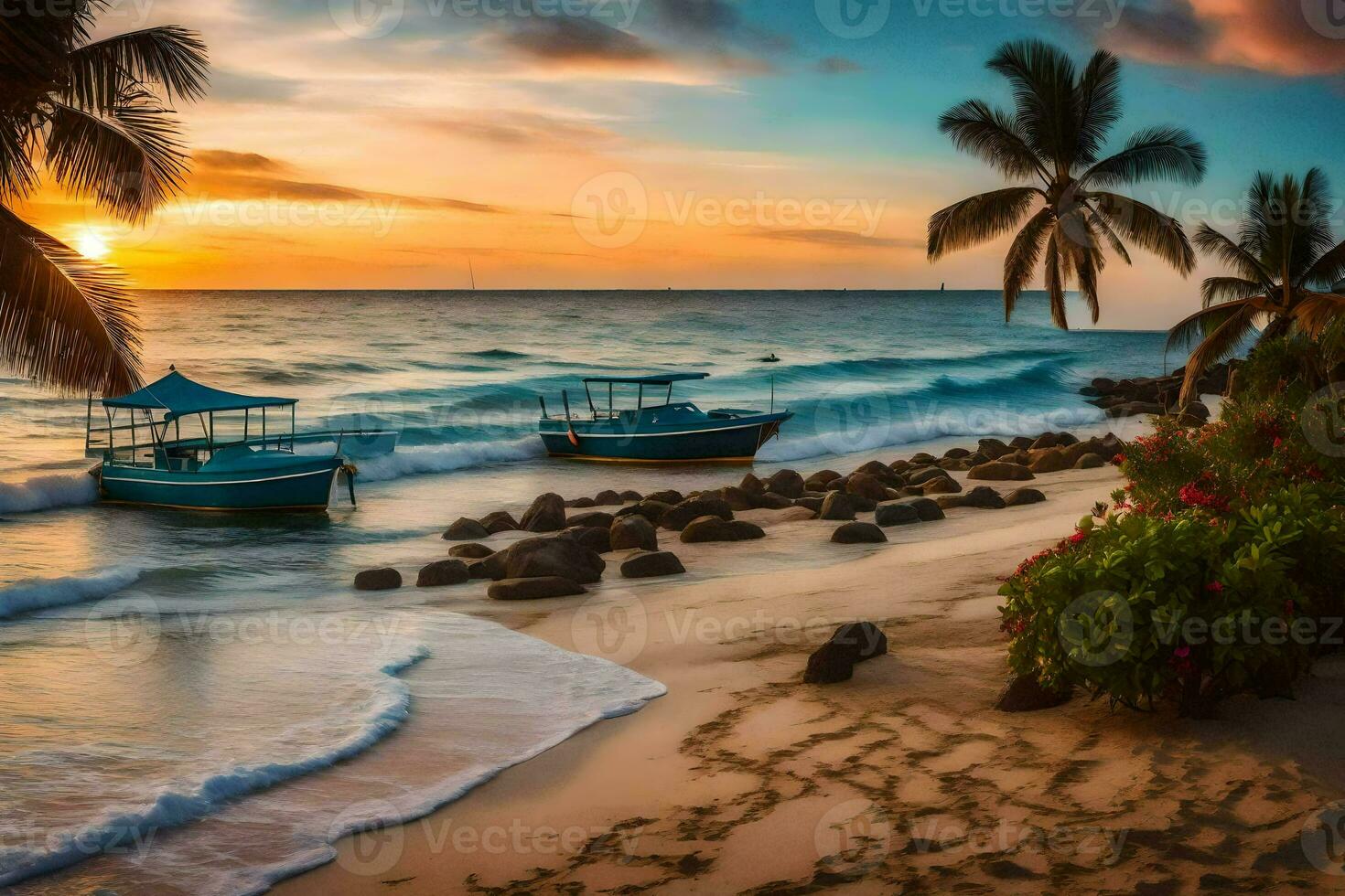 le coucher du soleil sur le plage dans Caraïbes. généré par ai photo