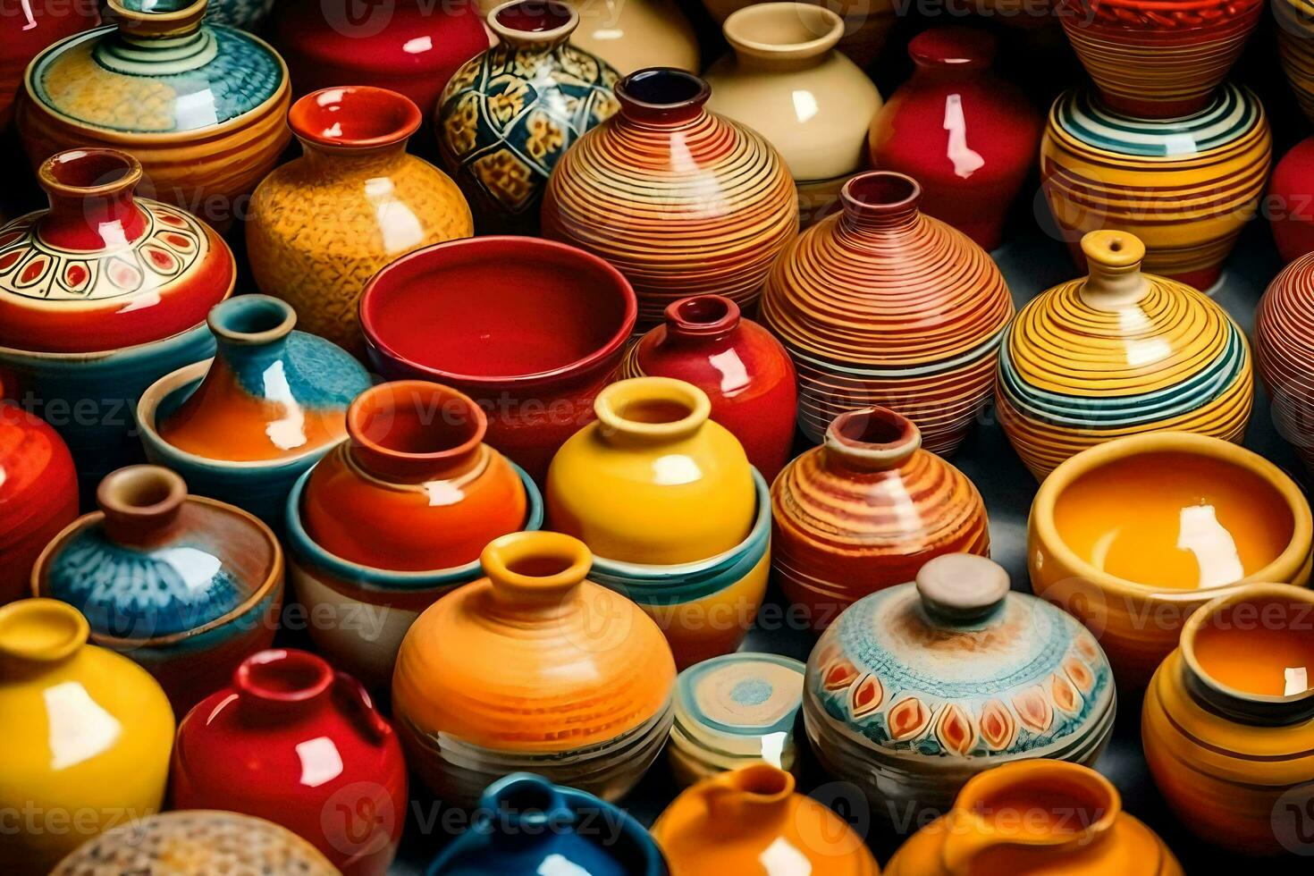 beaucoup coloré poterie des vases sont affiché dans une ligne. généré par ai photo