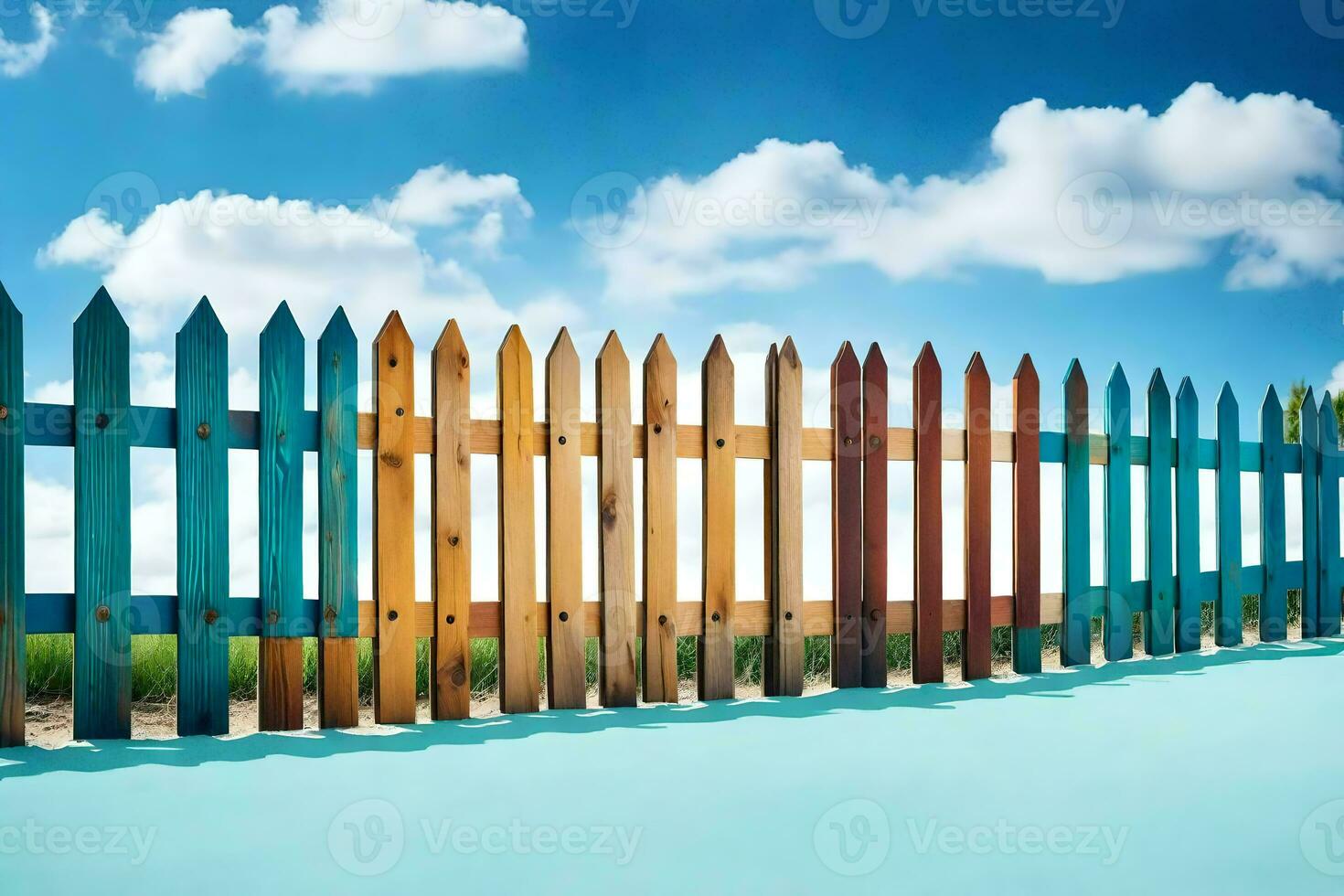 une coloré en bois clôture contre une bleu ciel. généré par ai photo