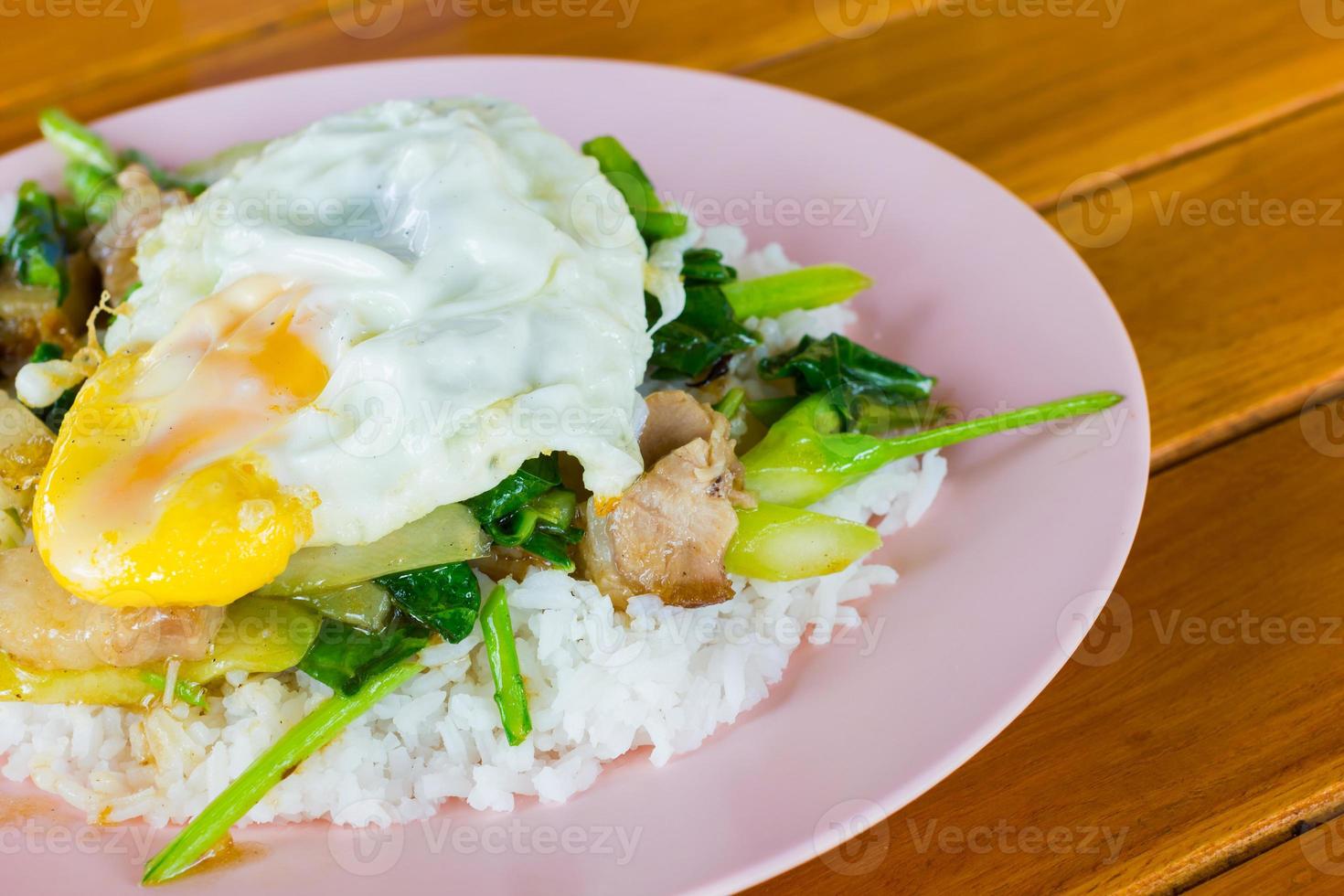 viande frite avec chou frisé et oeuf avec riz sur fond en bois, copyspace photo