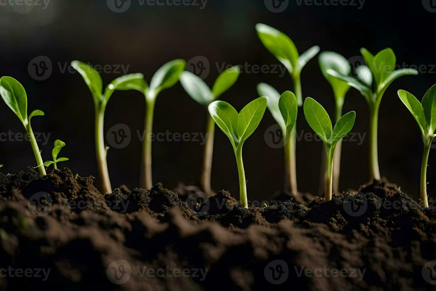 une groupe de Jeune les plantes croissance dans le sol. généré par ai photo