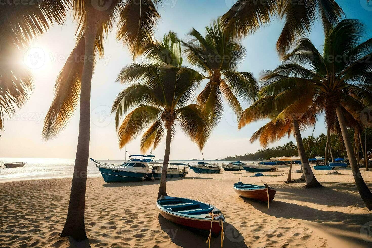 bateaux sur le plage dans de face de paume des arbres. généré par ai photo