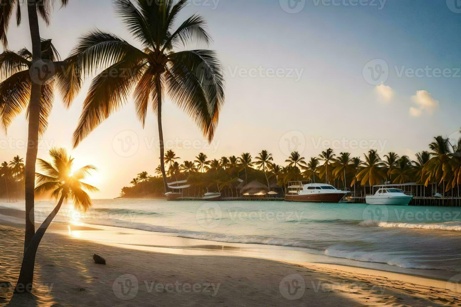 une plage avec paume des arbres et bateaux à le coucher du soleil. généré par ai photo