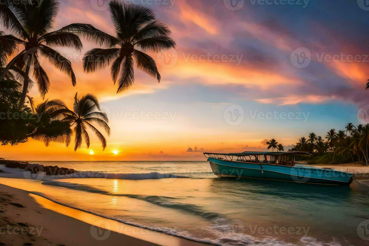 une bateau est assis sur le plage à le coucher du soleil. généré par ai photo