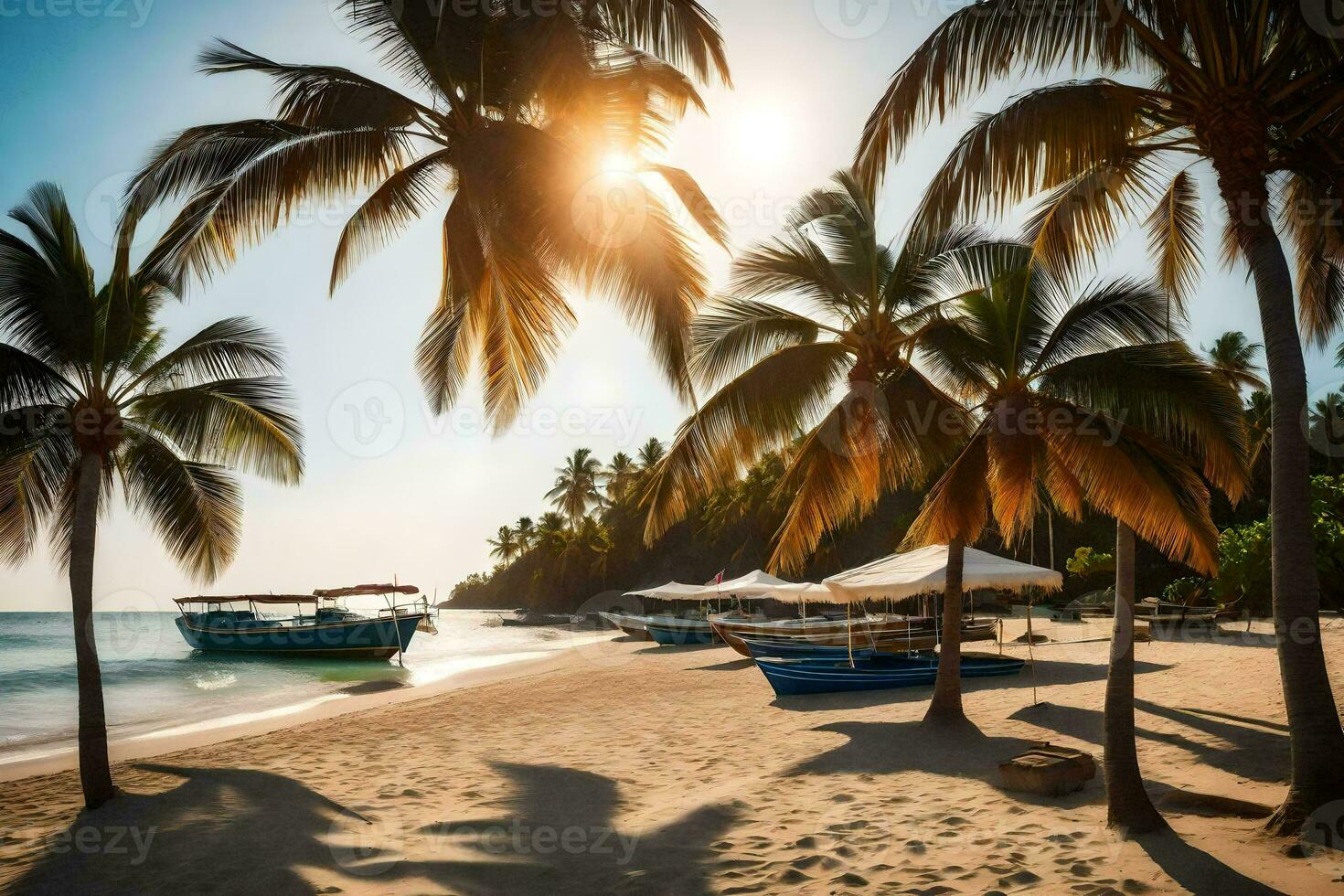 une plage avec paume des arbres et bateaux sur le l'eau. généré par ai photo