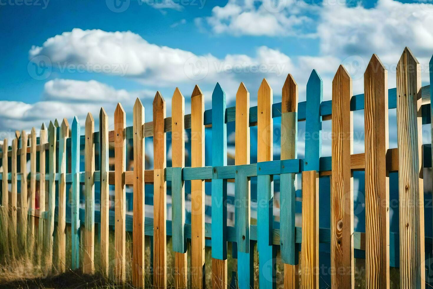 une en bois clôture avec bleu et vert peindre. généré par ai photo