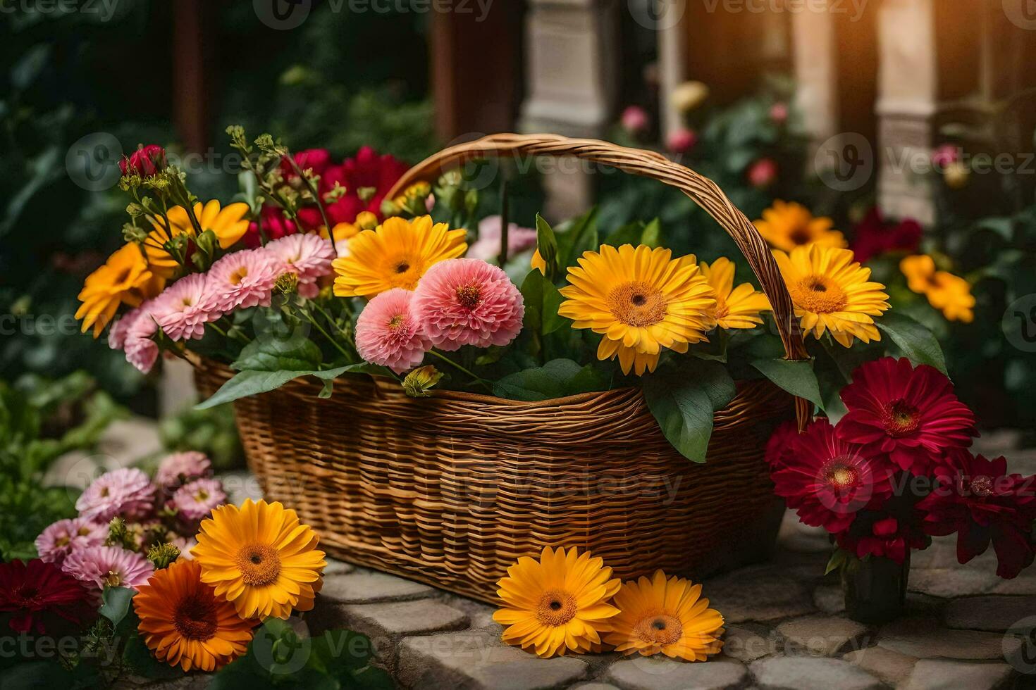 une panier plein de fleurs sur une pierre chemin. généré par ai photo