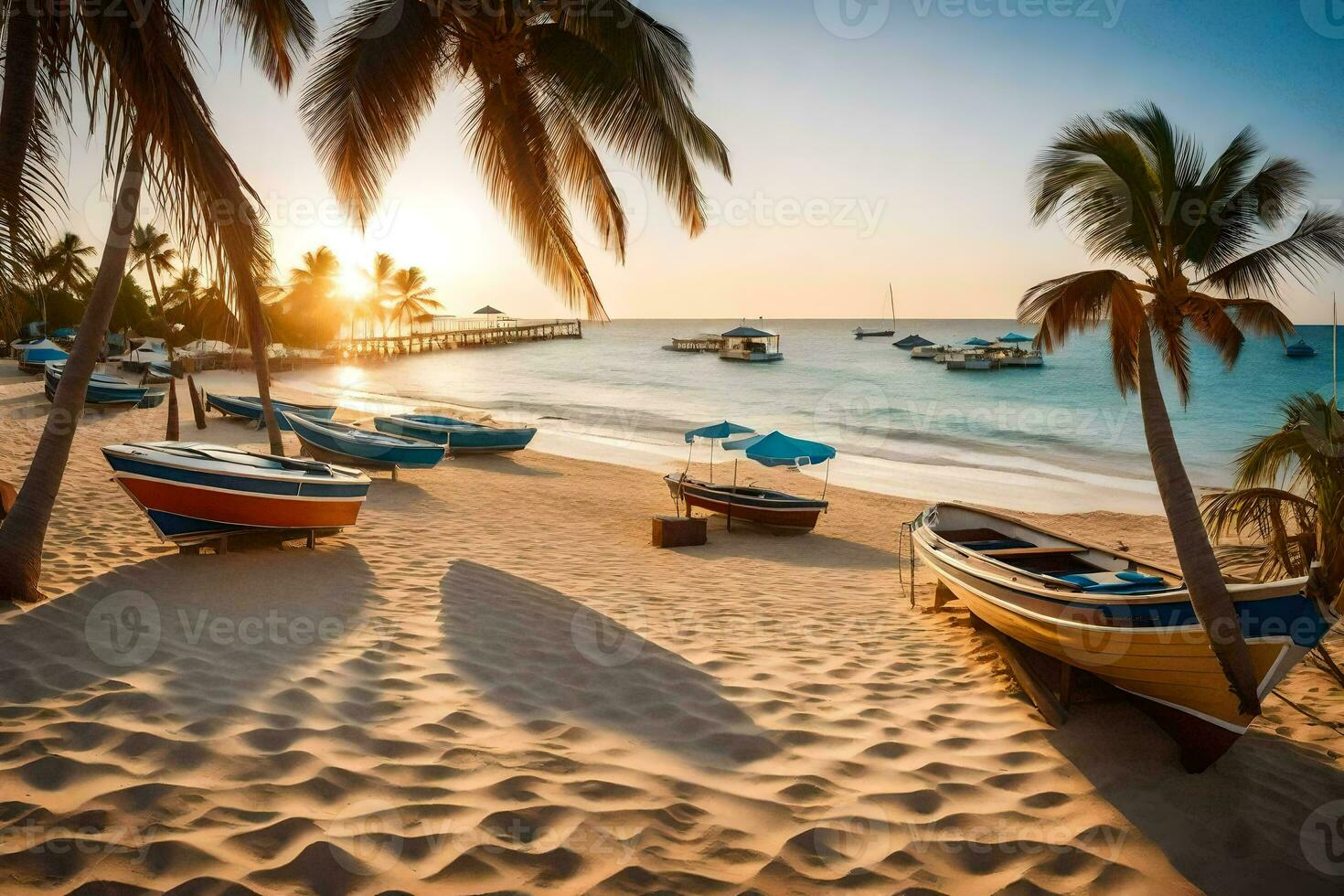 bateaux sont amarré sur le plage à le coucher du soleil. généré par ai photo