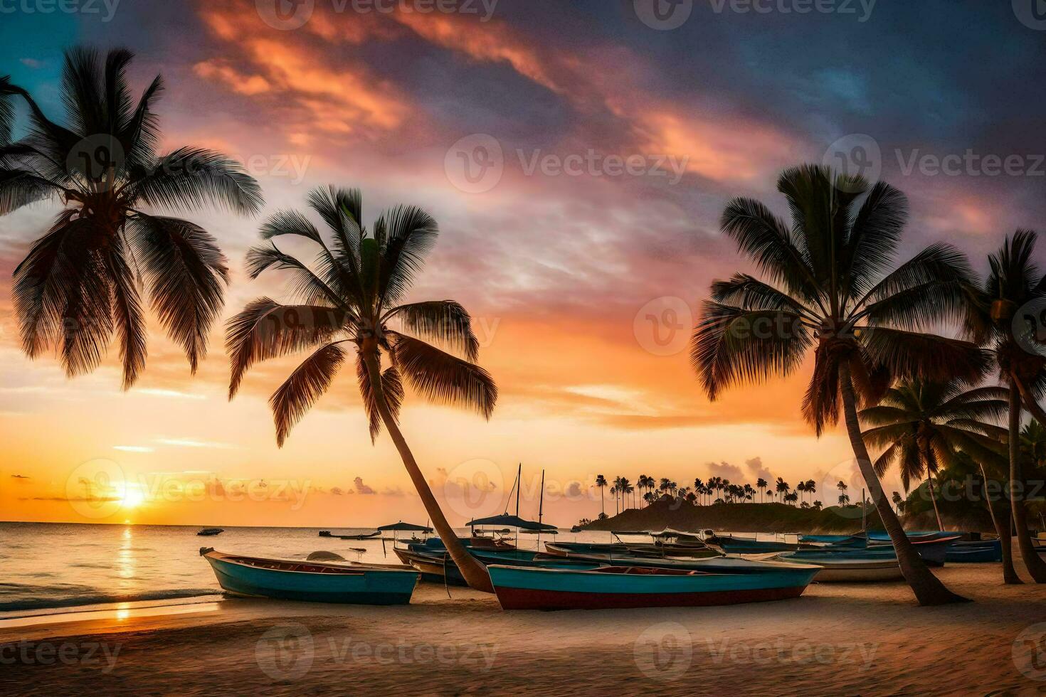 bateaux sur le plage à le coucher du soleil. généré par ai photo